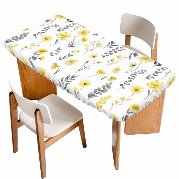 Yellow Spring Floral Table Cloths for 4 Foot Rectangle Tables, Flowers Botanical Elegant Pastoral Patio Waterproof Elastic Fitted Tablecloths, Washable Rectangular Table Cover for Camping