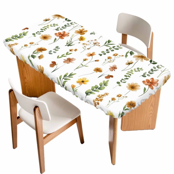 Yellow Spring Floral Table Cloths for 4 Foot Rectangle Tables, Flowers Leaves Elegant Pastoral Patio Waterproof Elastic Fitted Tablecloths, Washable Rectangular Table Cover for Camping