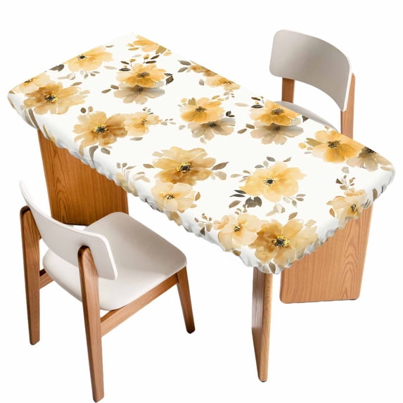 Yellow Spring Floral Table Cloths for 6 Foot Rectangle Tables, Elegant Flowers Summer Botanical Patio Waterproof Elastic Fitted Tablecloths, Washable Rectangular Table Cover for Camping
