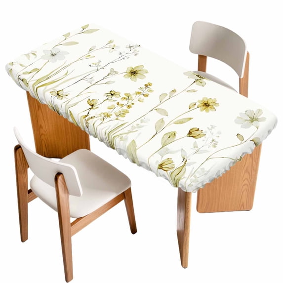 Yellow Spring Floral Table Cloths for 6 Foot Rectangle Tables, Summer Flowers Botanical Elegant Patio Waterproof Elastic Fitted Tablecloths, Washable Rectangular Table Cover for Camping