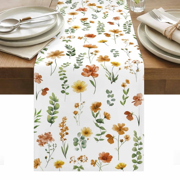 Yellow Spring Floral Table Runner - 70 Inch Long, Kitchen Dining Table Runner Dresser Scarves, Flowers Leaves Elegant Pastoral Farmhouse Decor for Coffee Tables Wedding Party Banquet