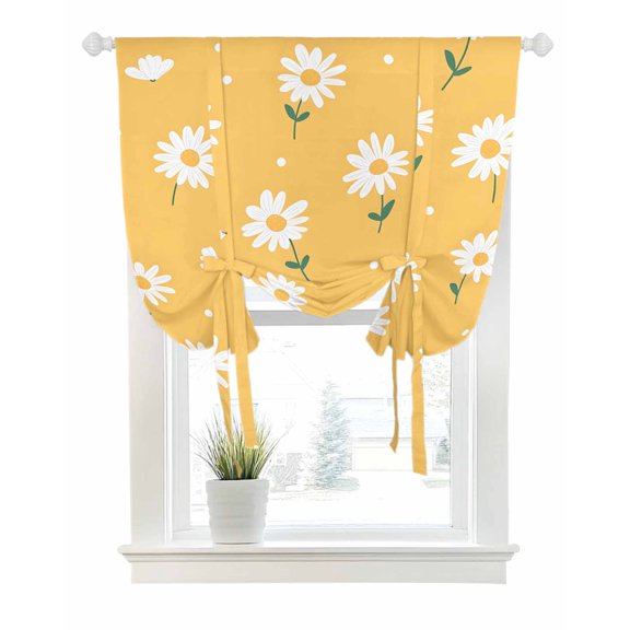 Yellow Spring Floral Tie Up Curtains for Window, Thermal Insulated Balloon Shade Adjustable Rod Pocket Curtains Valance Panels for Kitchen Bathroom Cafe 42 x 45 Daisy Summer Botanical