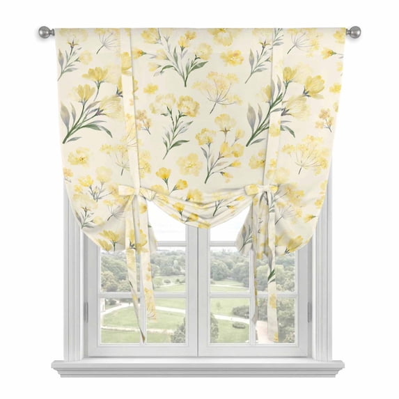 Yellow Spring Floral Tie Up Curtains for Windows, Adjustable Balloon Window Shades, Green Botanical Wildflower Blossoms Kitchen Window Treatments Farmhouse Short Curtains with Rod Pocket 42"x45"