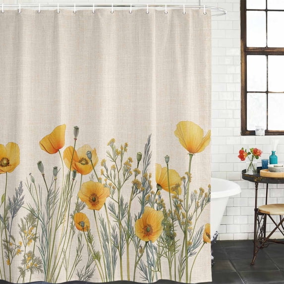 Yellow Spring Floral Waterproof Shower Curtain, Large 72"x84" Washable Polyester Fabric Shower Curtains for Bathroom, Watercolor Farmhouse Botanical Decorative Bathtub Curtain Sets with Hooks