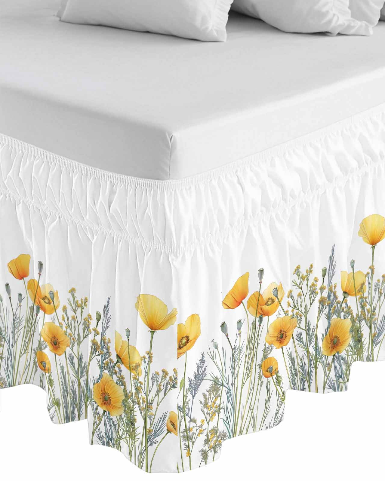 Yellow Spring Floral Wrap Around Bed Skirts for King Bed 18" Drop, Bed Skirt with Adjustable Elastic Belt Dust Ruffle Bed Valance for Bedroom Hotel Luxury Watercolor Summer Botanical Bed Frame Cover