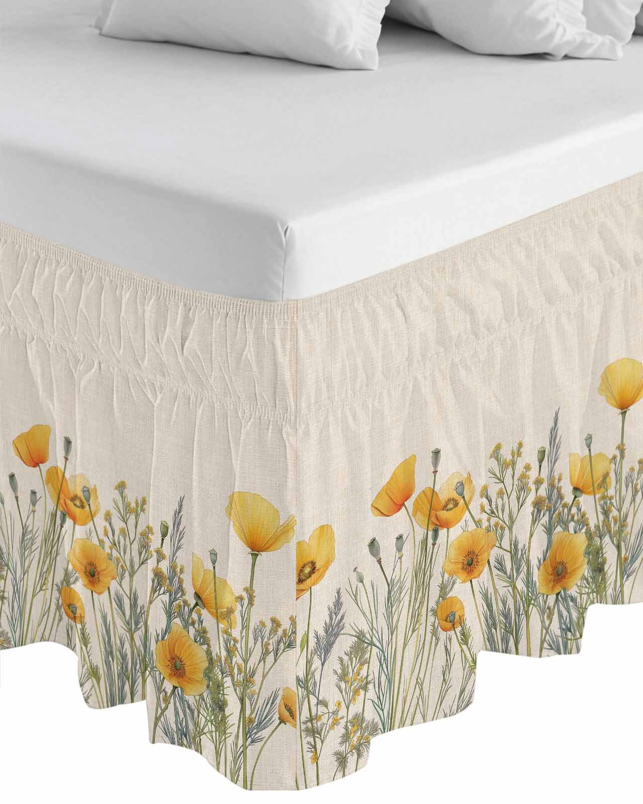 Yellow Spring Floral Wrap Around Bed Skirts for Queen Bed 18" Drop,Bed Skirt with Adjustable Elastic Belt Dust Ruffle Bed Valance for Bedroom Hotel Watercolor Farmhouse Botanical Bed Frame Cover