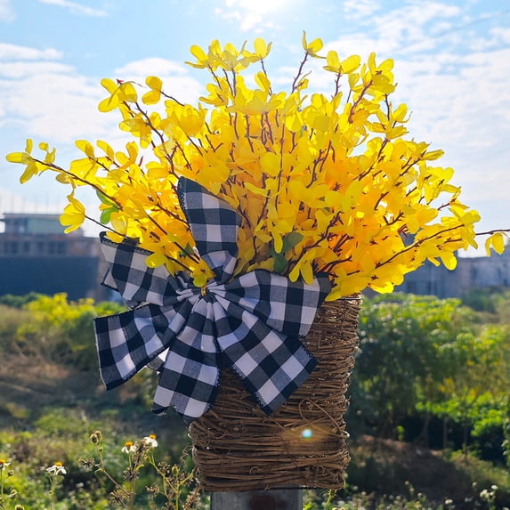 Yellow Spring Flower Basket Wreath - Rattan Door Hanger with Black and White Plaid Bow, Rustic Farmhouse Decor for Spring Weddings, and Home Decorations