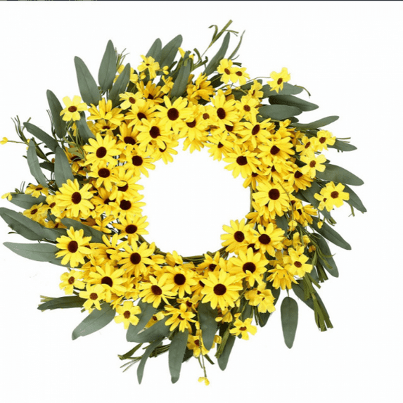 Yellow Spring Sunflower and Daisy Wreath with Yellow Pip Berries and Green Leaves , 22 inches Full Holiday Wreath for Front Door Window Wall Decoration Spring and Holiday Decoration