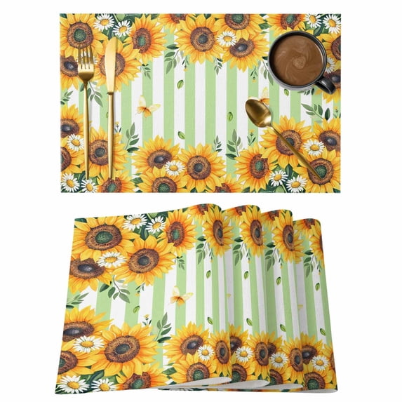 Yellow Spring Sunflowers Placemats Set of 4 Light Green Striped Country Place Mats Indoor Wipeable Table Mats Washable Cloth Dining Table Placemats for Kitchen Holiday Party Home Decor 13x19 Inch