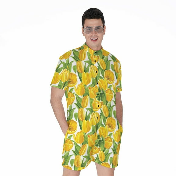 Yellow Spring Tulip Pattern Short Sleeve Men'S Rompers Casual Summer Jumpsuits Outfit