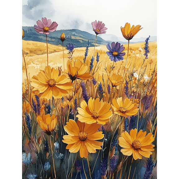 Yellow Spring Wildflower Meadow Canvas Print, Colorful Watercolor Floral Art, Modern Home Wall Decor
