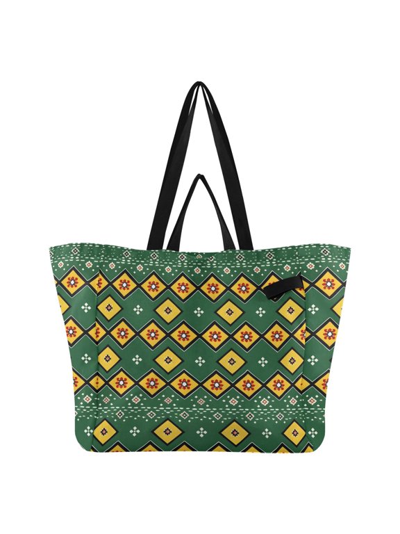 Yellow Square with Flowers Foldable Canvas Tote Bags Reusable Grocery Bags Laundry Bags Beach Bag 32L