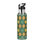 Yellow Square with Flowers Sports Bottle with Straw Stainless Steel Water Jug Portable Thermal Cup Leak-proof 1000ML