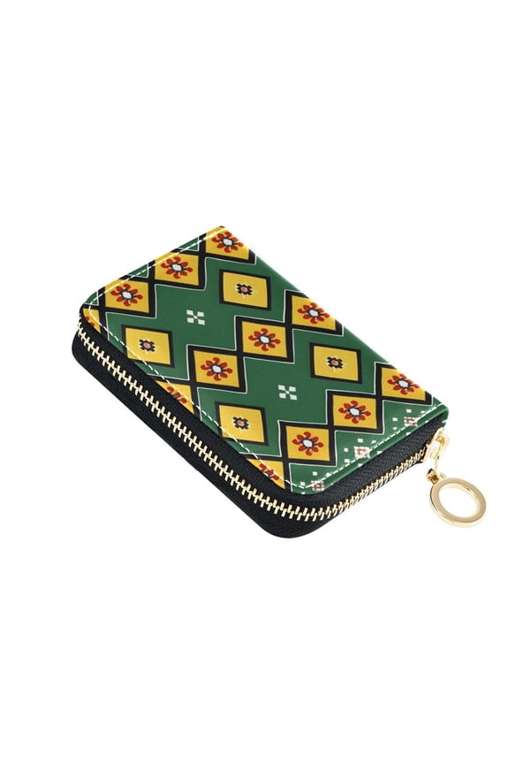 Yellow Square with Flowers Women's Credit Card Holder PU Leather Zipper Wallet RFID Blocking