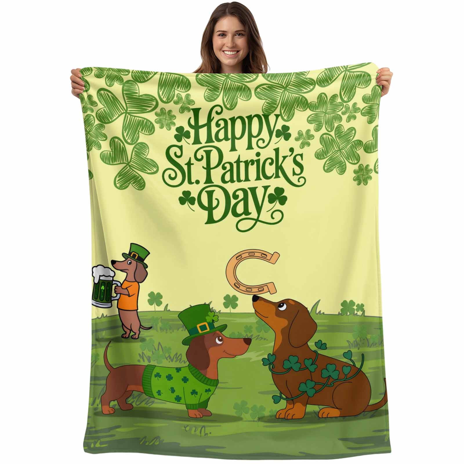 Yellow St. Patrick's Day Blanket Soft Cozy Warm Throw Blanket for Couch, Plush Fuzzy Flannel Fleece Blankets for Sofa, Green Lucky Clovers Dog Bed Blankets Lightweight Gifts for Women, 32"x48"