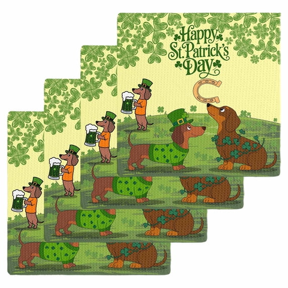Yellow St. Patrick's Day Kitchen Dish Towels for Drying Dishes Set of 4, Green Lucky Clovers Dog Waffle Weave Microfiber Hand Tea Bathroom Towels Quick Dry & Absorbent Towel 12x12