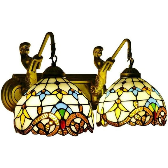 Yellow Stained Glass Bowl LED Wall Sconce Lighting with Mermaid Statue, 2-Light Wall Light Bronze Finish Wall Fixtures E27 for Bedroom Hallway Stairway Balcony Cloakroom, Max 40W Per Bulb