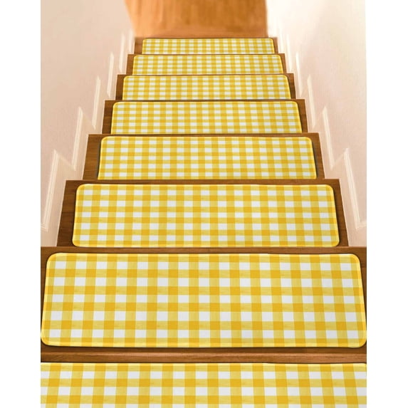 Yellow Stair Treads for Wooden Steps Indoor Runner Rug Carpet, Country French Rustic Buffalo Plaid Modern Art 4 Pieces Peel and Stick Staircase Step Treads Covers Washable Throw Door Mats, 30"x8"