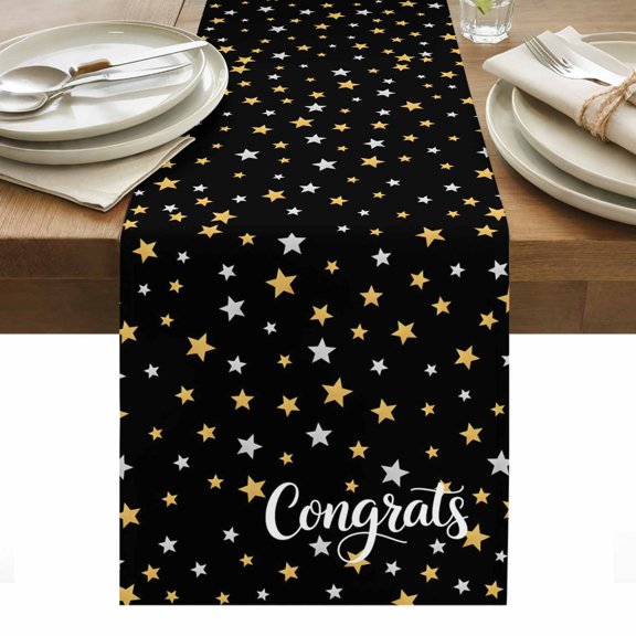 Yellow Star Cotton Linen Table Runner White Star Black Background Abstract Modern Dining Table Runners for Home Decor Party Dining Room Restaurant Kitchen Party 13" x 36"