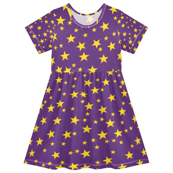 Yellow Star Pattern Girls Short Sleeve Dress A Line Sun Protection Breathable Comfort Sundress 2T