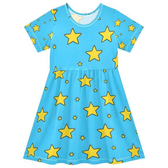 Yellow Star Pattern Girls Short Sleeve Dress A Line Sun Protection Breathable Comfort Sundress 3T