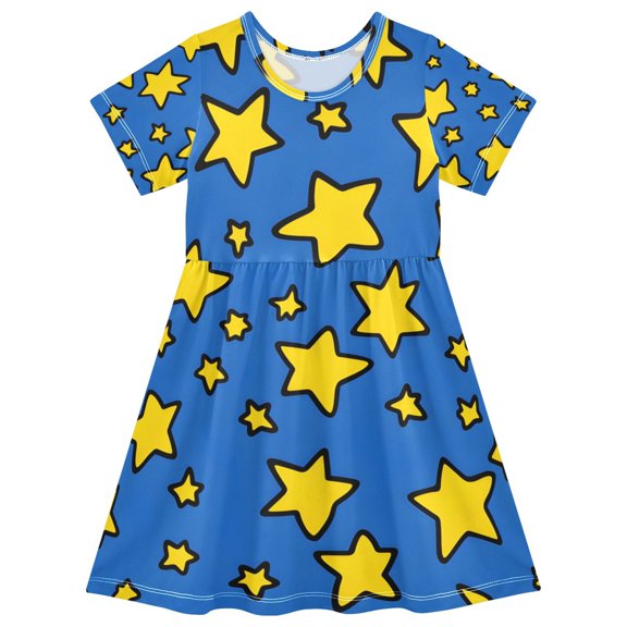 Yellow Star Pattern Girls Short Sleeve Dress A Line Sun Protection Breathable Comfort Sundress 3T