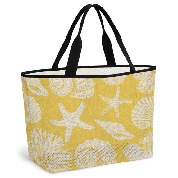 Yellow Starfish Coastal Beach Bag for Women, Large Breathable Mesh Beach Tote Bag, Shell Coral Summer Beach Nautical Ocean Sandproof Lightweight Travel Bags for Vacation Picnic Swimming Pool