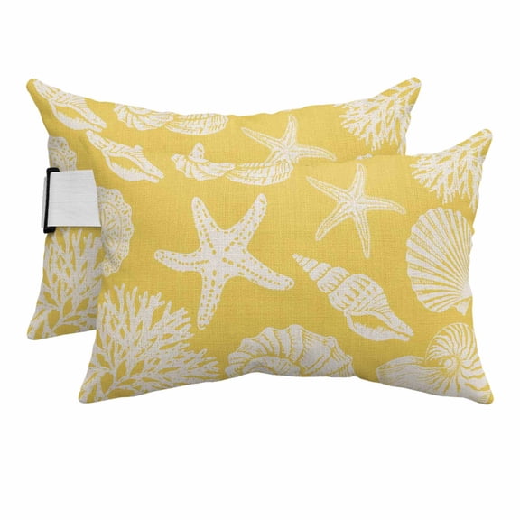 Yellow Starfish Coastal Outdoor Pillows for Chaise Lounge Chair Beach Headrest Pillow Set of 2 Waterproof Lumbar Pillows with Insert&Strap Shell Coral Summer Beach Nautical Ocean Pool Pillow 11"x16"