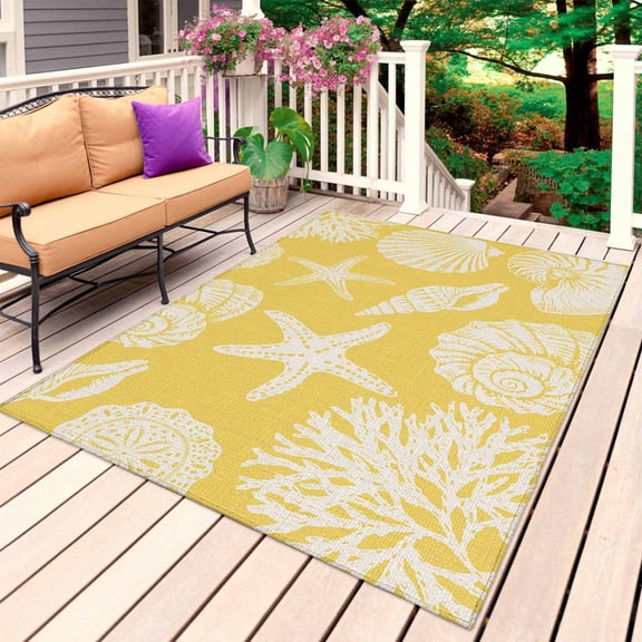 Yellow Starfish Coastal Outdoor Rug 3x5 Ft, Non Slip Washable Area Rug, Shell Coral Summer Beach Nautical Ocean Patio Rugs Carpet Runner, Large Floor Mat for Indoor/Outdoor Deck Porch Camping
