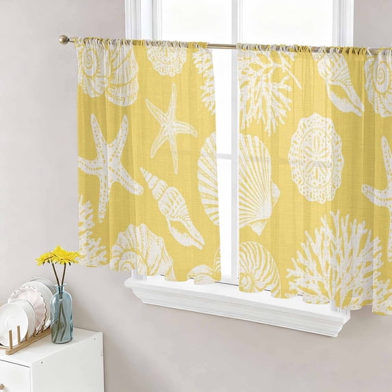 Yellow Starfish Coastal Sheer Curtains 54 Inch Length 2 Panels Set, Shell Coral Summer Beach Nautical Ocean Voile Window Treatment Rod Pocket Short Kitchen Curtains Drapes for Bedroom 52"x54"x2
