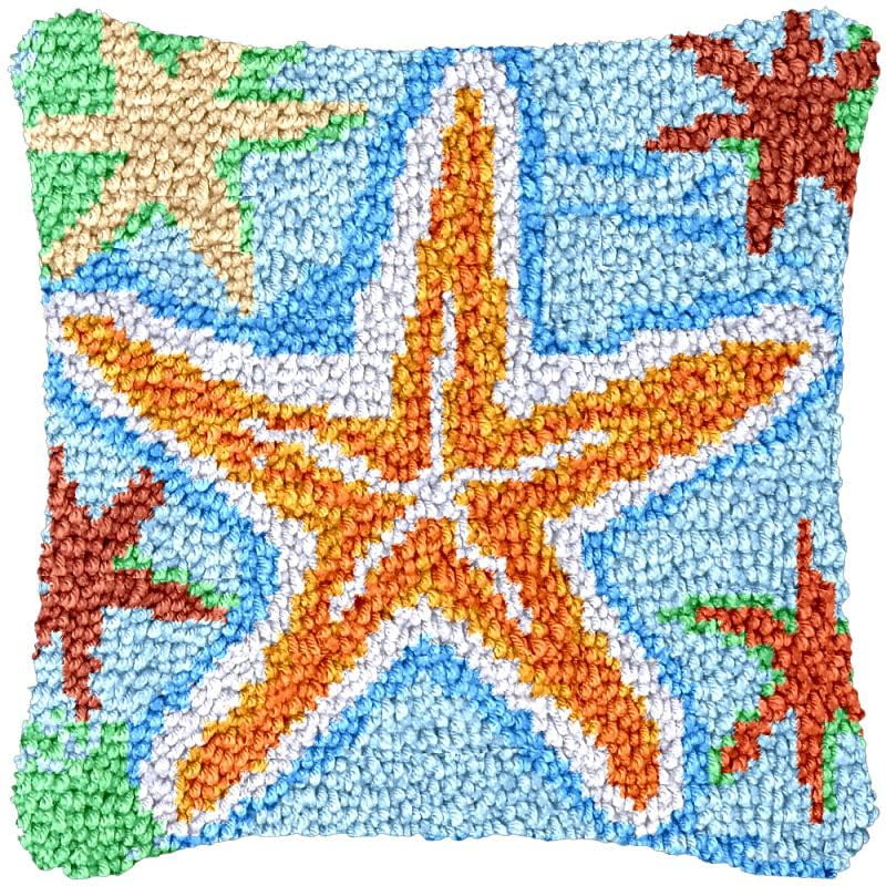 Yellow Starfish Latch Hook Pillowcase Kits for Adults and Starter DIY Cushion Cross Stitch Latch Hook Rug Kits with Preprinted Canvas Crochet Yarn Kits Needlework Crafts 17'' X 17''