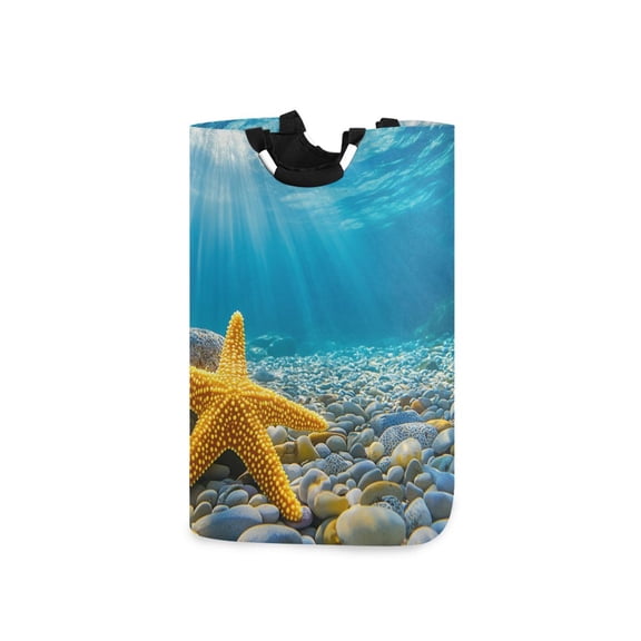 Yellow Starfish Undersea Laundry Basket with Handles Foldable Laundry Hamper Freestanding Washing Bin 50L