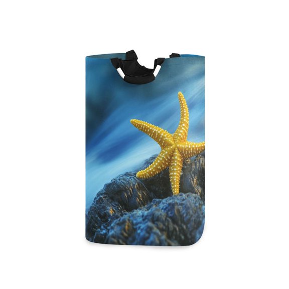 Yellow Starfish on Rockstone Laundry Basket with Handles Foldable Laundry Hamper Freestanding Washing Bin 50L