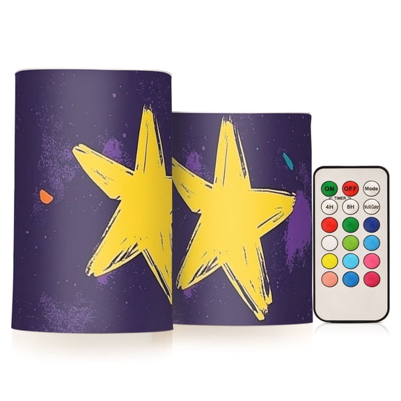 Yellow Stars on Purple Sky Flickering Flameless Candles LED Tealight Battery Operated with Remote Set of 2 Holiday Decor Ornaments