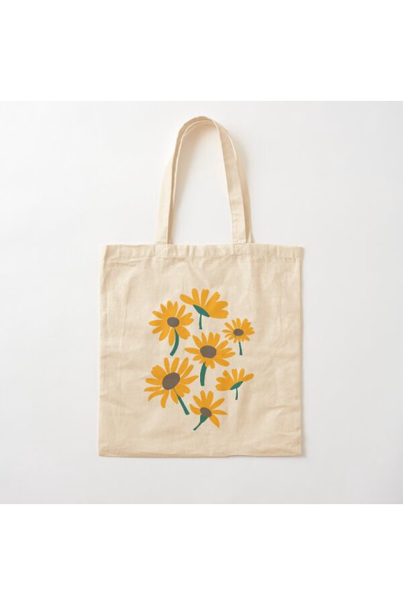 Yellow Stem Daisy Floral Canvas Tote Bags, Reusable Shopping Bag