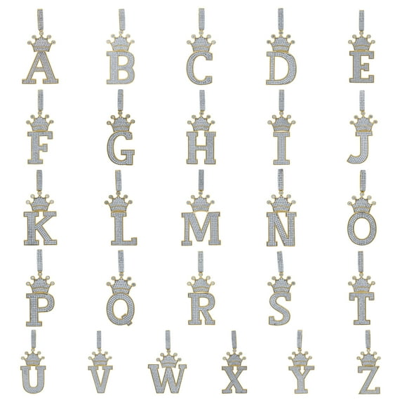Yellow Sterling Silver Unisex Round CZ Letter A to Z Charm Crown Initial Pendants - B