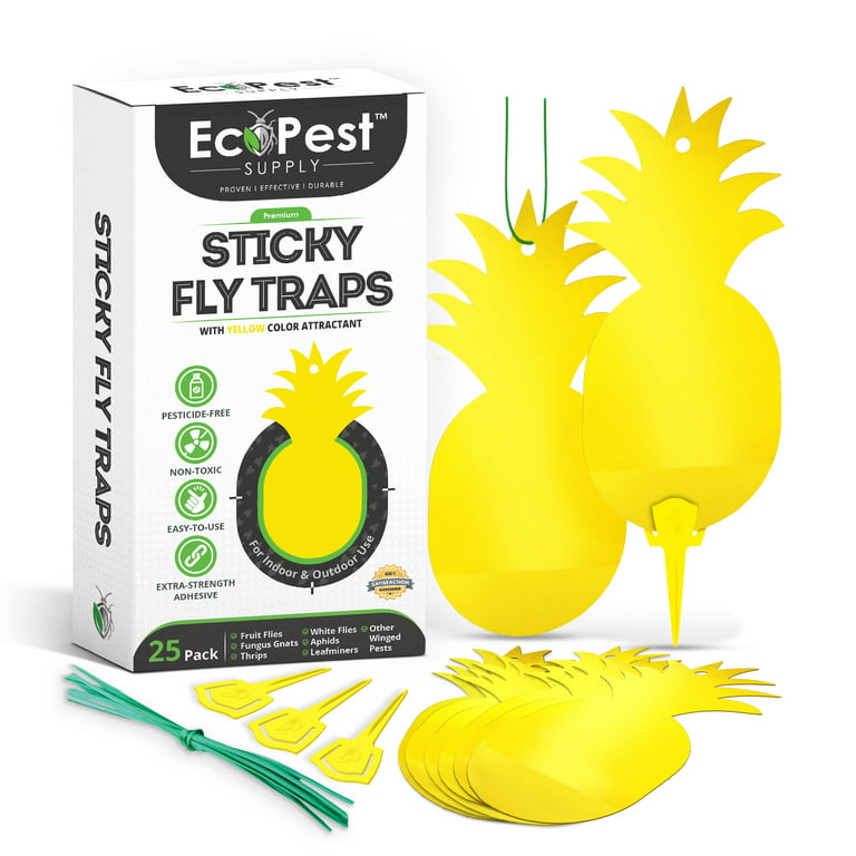 Yellow Sticky Fruit Fly and Gnat Traps 25 Pack | Fly Paper and House Plant Trap for Fruit Flies, Fungus Gnats, and Other Flying Insects
