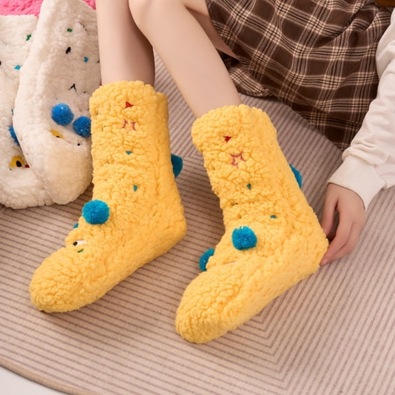 Yellow Stockings Ladies' Lamb Fleece Mid Calf Socks for Autumn and Winter Cute Floor Socks Extra Thick and Warm Lined for Home Use Thick Sleep Long Socks