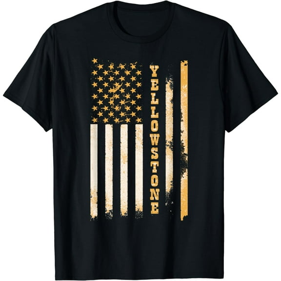 Yellow Stone Classic Fit Black T-Shirt with Flag Design & Crew Neck