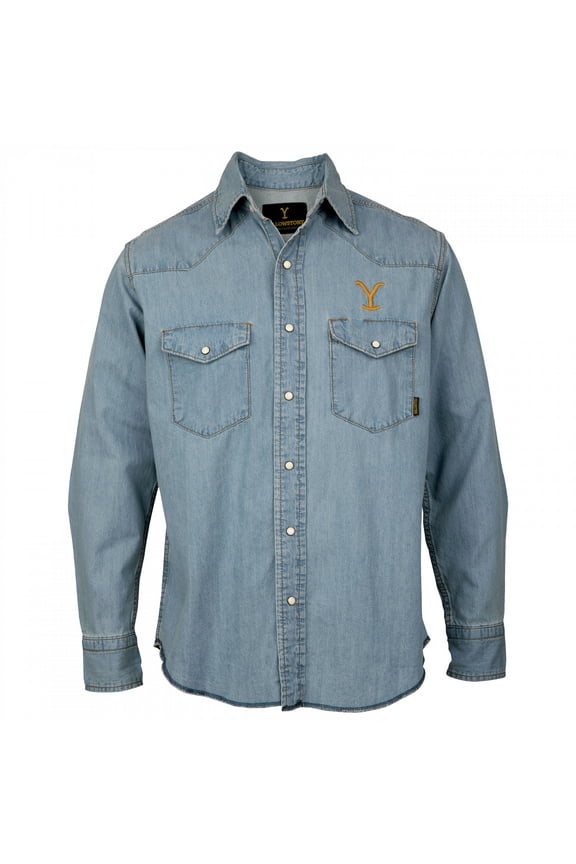 Yellow Stone Dutton Ranch Logo Light Wash Denim Shirt-2XLarge