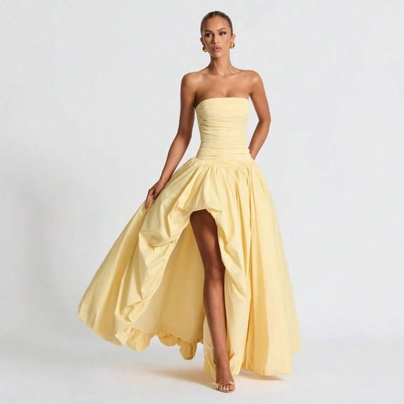 Yellow Strapless Ruched Bodice Ball Gown With High-Low Puffy Hem Evening