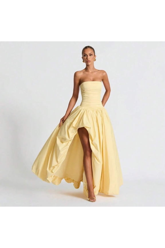 Yellow Strapless Ruched Bodice Ball Gown With High-Low Puffy Hem Evening