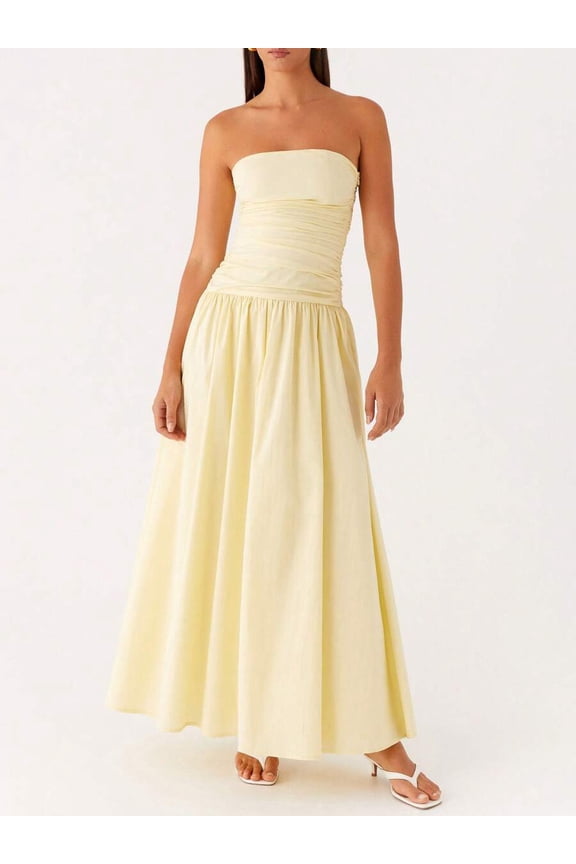 Yellow Strapless Ruched Drop Waist Maxi Dress Flowy A-Line Womens Evening Gown