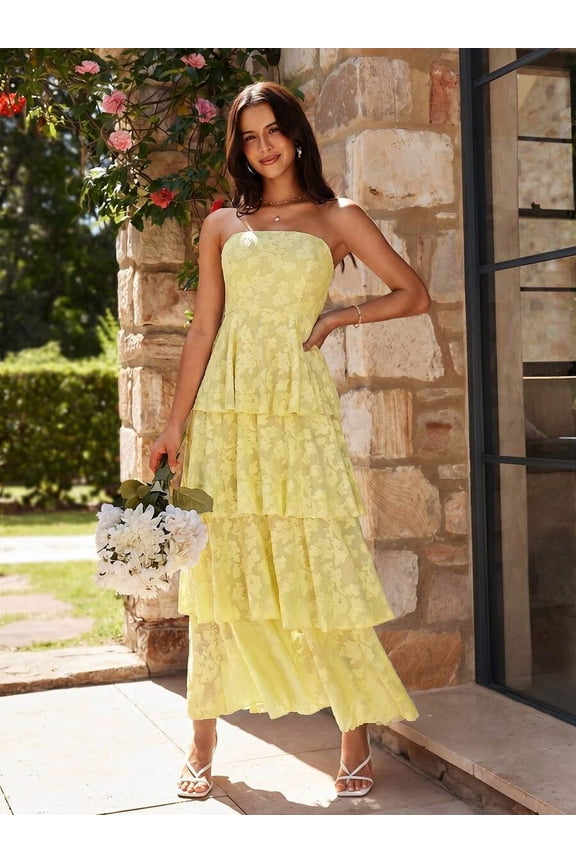 Yellow Strapless Tiered Maxi Dress With Floral Jacquard Pattern For Women