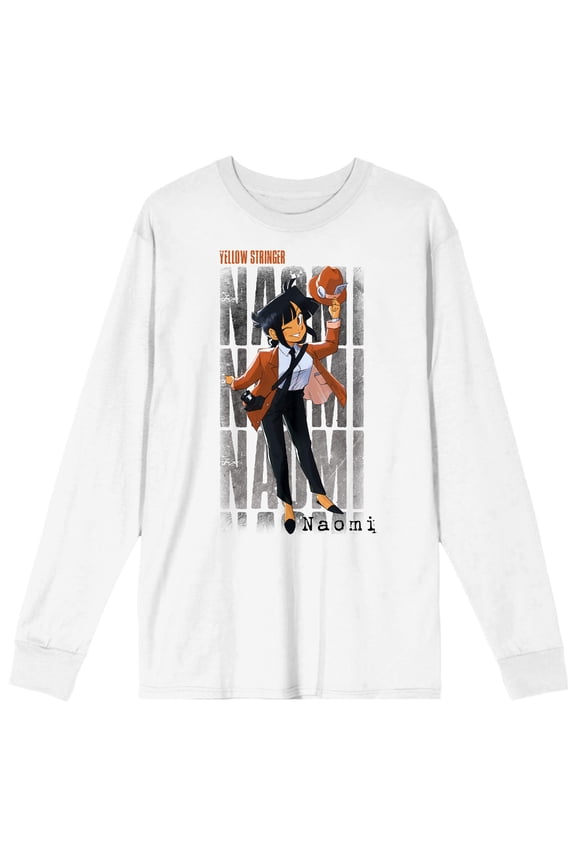 Yellow Stringer Naomi Tipping Hat Adult White Crew Neck Long Sleeve Tee-XXL