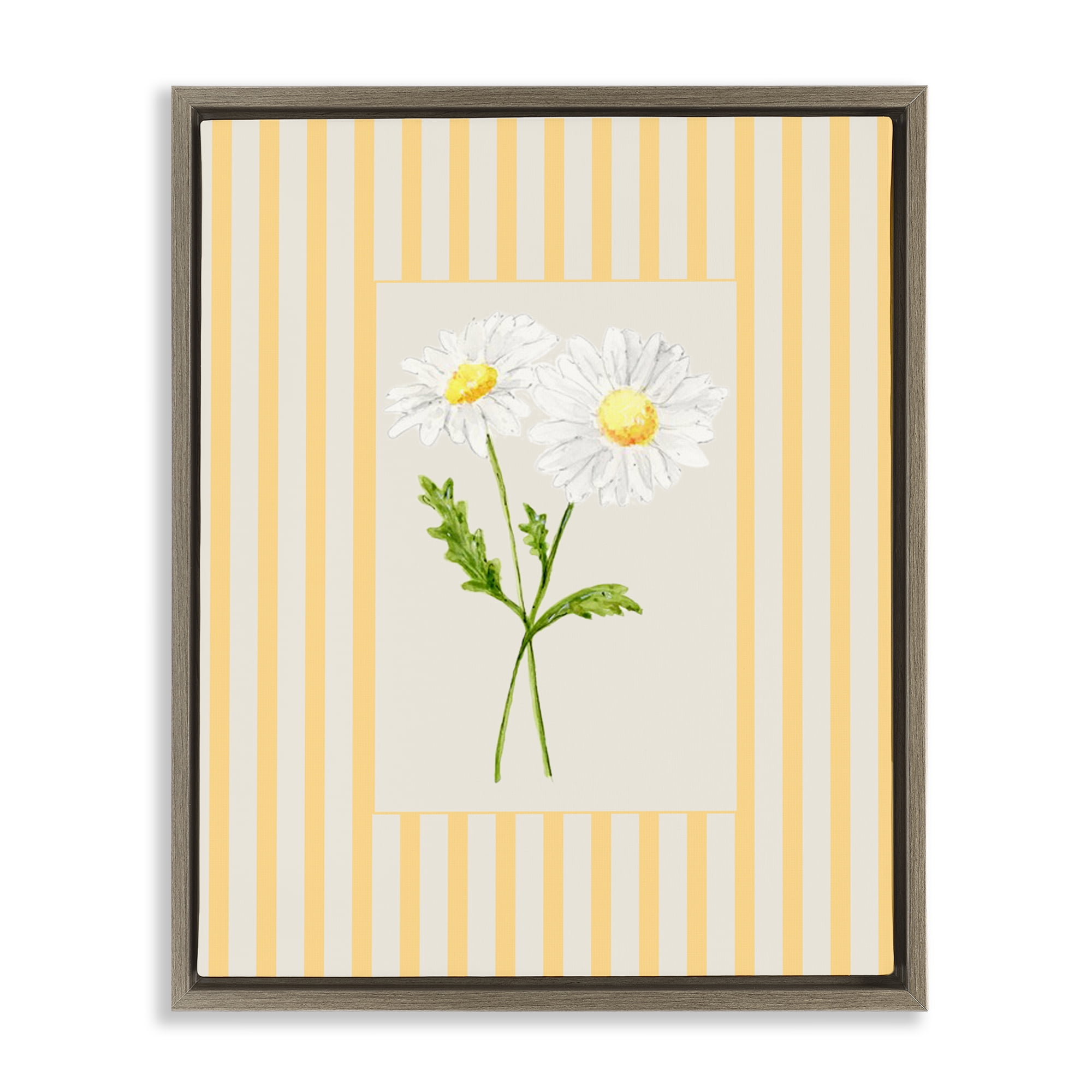 Yellow Stripe Daisy Brown Framed Floater Canvas Wall Art, design by Lisa Wehmeyer