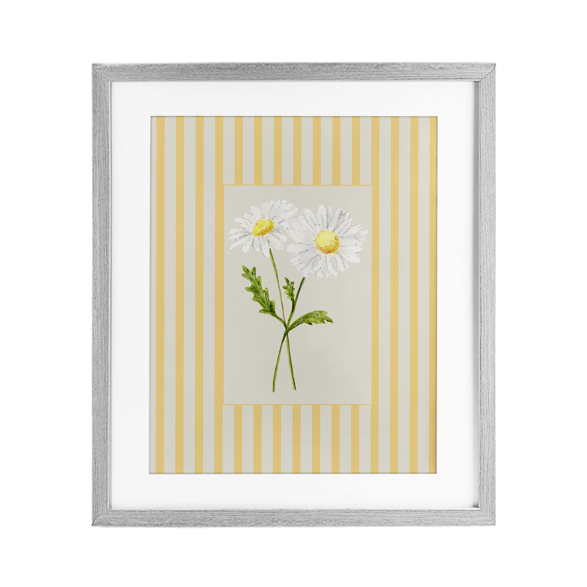 Yellow Stripe Daisy Gray Framed Print Under Glass, design by Lisa Wehmeyer