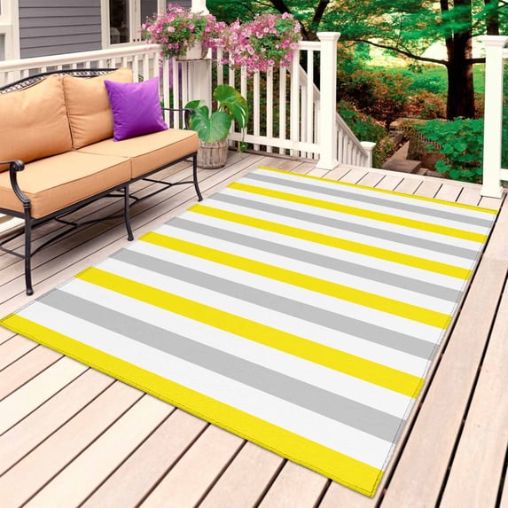 Yellow Stripe Outdoor Rug for Patio/Deck/Porch, Non-Slip Large Area Rug 5 x 7 Ft, Geometric Grey White Vertical Striped Indoor Outdoor Rugs Washable Area Rugs, Reversible Camping Rug Carpet Runner