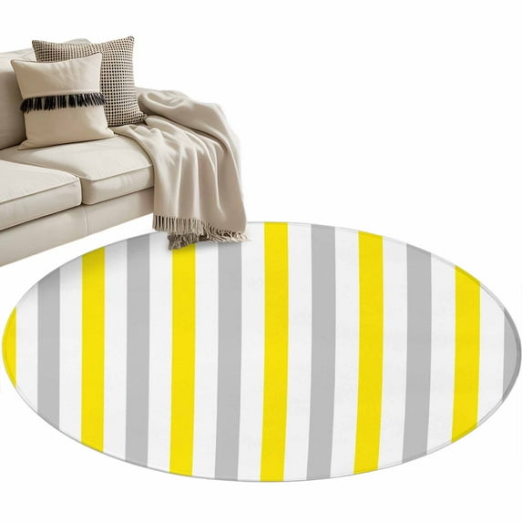Yellow Stripe Round Area Rug 3 FT, Small Kitchen Bathroom Mat, Geometric Grey White Vertical Striped Washable Indoor Outdoor Throw Runner Carpet Non-Shedding Doormat for Table Shower Sofa Entryway
