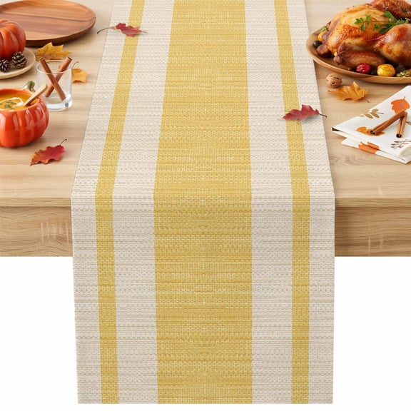 Yellow Stripe Table Runner 13x36 Inch Modern Geometric Classic Linear Slub Fabric Texture Table Runner Non-Slip Dresser Scarves for Holiday Decorations, Autumn Party, Dinner and Gatherings, 1 Pack
